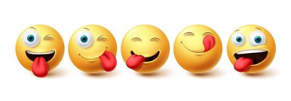 conjunto de vetores de ícone travesso emoji. rosto e emojis com expressões faciais felizes, lambendo e famintas, isoladas no fundo branco. ilustração vetorial