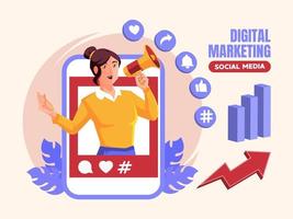 conceito de mídia social de marketing digital com uma mulher segurando um megafone vetor