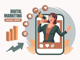 conceito de mídia social de marketing digital com uma mulher segurando um megafone vetor