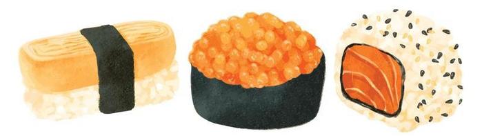 conjunto de sushi com ilustrações de comida japonesa e estilos de aquarela vetor