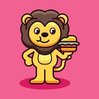 ilustração do mascote do leão comer hambúrguer vetor