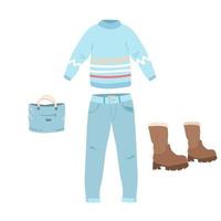 Conjunto de roupa de inverno composto por roupa de mulher, calças, sapatos, camisola com coelhinha. roupas coloridas, roupas quentes e brilhantes, loja de roupas. vetor plano. ilustração desenhada à mão