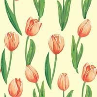 tulipas vermelhas no fundo amarelo. aquarela sem costura padrão com flores da primavera. vetor