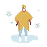 mulher em uma caminhada de inverno em casacos da moda. garota com roupas quentes de inverno, entre flocos de neve, caminhando no parque. ilustração vetorial em estilo simples, isolado no fundo branco vetor