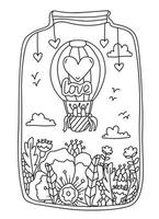 página do livro para colorir do doodle do dia dos namorados. frasco de vidro com um casal apaixonado voando em um balão de ar quente sobre flores. vetor linhas arte design anti-stress para adultos e crianças. cartões de amor desenhados à mão