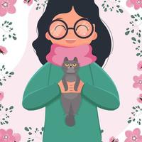 menina feliz pré-escolar com um gato nos braços. personagem de desenho animado infantil com um gato. ilustrações isoladas de vetor plana.