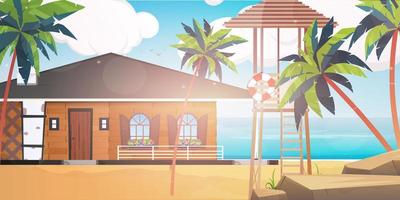 um hotel em um mar azul, limpo e calmo. villa em uma praia de areia com palmeiras. ilustração vetorial. vetor