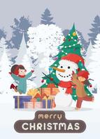 cartão postal de feliz natal. crianças fazem um boneco de neve em um bosque nevado. boneco de neve, garota com roupas quentes de inverno. desenhos animados, ilustração vetorial. vetor