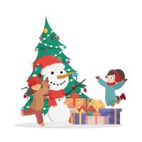 crianças esculpindo um boneco de neve no fundo de uma árvore de Natal e presentes. boneco de neve, garota com roupas quentes de inverno. isolado no fundo branco. desenhos animados, ilustração vetorial. vetor