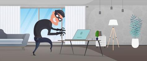 ladrão na casa. um ladrão rouba dados de um laptop. conceito de segurança. ladrão roubando um apartamento. um ladrão roubou uma casa. estilo simples. ilustração vetorial. vetor
