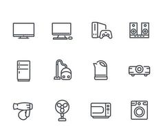 conjunto de ícones de aparelhos, estilo linear, pictogramas de vetor de eletrônicos de consumo isolados no branco