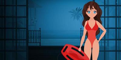 uma garota em um maiô vermelho segura uma prancha salva-vidas. mulher de salva-vidas de praia. vetor