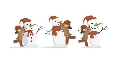 a garota faz um boneco de neve. boneco de neve, garota com roupas quentes de inverno. isolado no fundo branco. desenhos animados, ilustração vetorial. definir. vetor