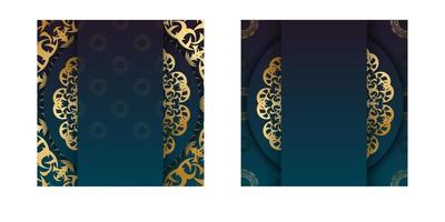 modelo de folheto com gradiente de cor azul com ornamentos de ouro grego para seu projeto. vetor