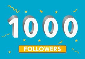 ilustração números 3D para mídia social 1k gosta, obrigado, comemorando os fãs dos assinantes. banner com 1000 seguidores