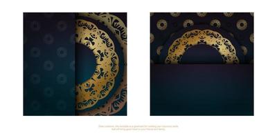 modelo de folheto com gradiente de cor azul com ornamentos de ouro indiano prontos para impressão. vetor