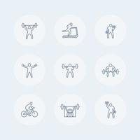 ginásio, exercícios de fitness, ícones de linha fina, pictogramas de ginásio com pessoas se exercitando, ícones de treinamento de fitness, ilustração vetorial vetor