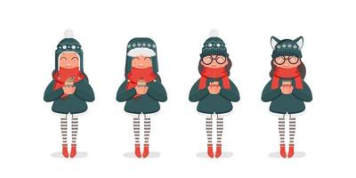 uma garota com um chapéu de malha de inverno e um lenço vermelho tem uma bebida quente nas mãos. garota com botas vermelhas e meia-calça listrada. conceito de inverno, natal e ano novo. conjunto de ilustração vetorial. vetor