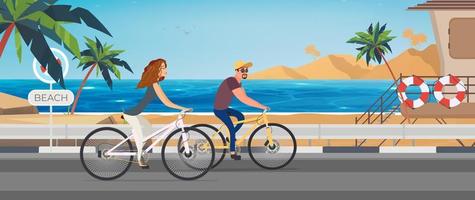 homem e mulher, andar de bicicleta na praia de areia tropical. amigo de jovens andando de bicicleta. crianças jogando bola do outro lado da baía. férias em resort exótico. esporte ao ar livre e recreação. ilustração vetorial vetor