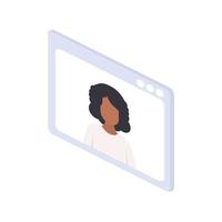 mulher africana na janela de bate-papo. a garota está liderando uma conferência online. isometria. vetor.