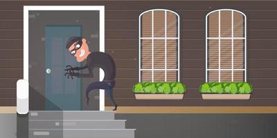o ladrão está tentando abrir a porta. o ladrão está entrando sorrateiramente em casa. conceito de segurança. ilustração vetorial. vetor