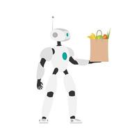 o robô segura uma sacola de compras nas mãos. conceito de entrega futura. compras online. isolado. vetor. vetor