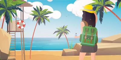 garota com uma mochila olha para a praia. uma mulher está caminhando na praia com palmeiras. estilo dos desenhos animados. vetor. vetor