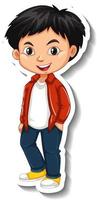 Um menino asiático usa um adesivo de personagem de desenho animado de jaqueta vermelha vetor