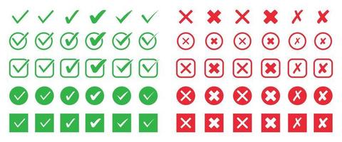 conjunto de ícone plano de marca de seleção. carrapato verde e o símbolo da cruz vermelha para a lista de verificação. vetor