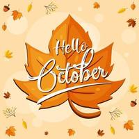 Olá logotipo de outubro com folha ornamental de outono vetor