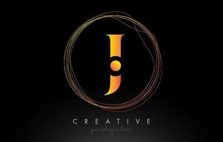 design de logotipo artístico da letra J de ouro com moldura de arame circular criativa em torno dele vetor