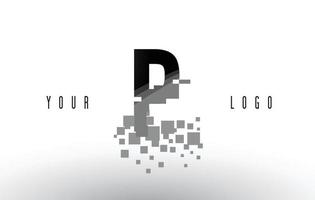 Logotipo da letra p pixel com quadrados pretos digitais quebrados vetor