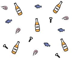 cerveja sem costura doodle-garrafa de cerveja, camarão, abridor de garrafa e peixe vetor