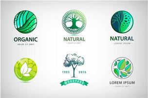 conjunto de vetores de logotipos de natureza, eco, meio ambiente. conceito de projeto de paisagismo. ilustrações abstratas com árvore, folhas em círculo. símbolo do tema do parque. modelo de ícone para negócios de jardinagem