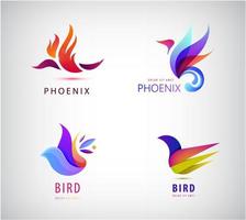 conjunto de vetores de pássaros, logotipos, ícones, ilustrações em estilo geométrico colorido na moda. fênix, pomba, liberdade, vôo