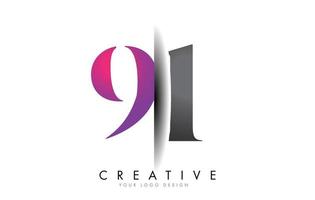 91 9 1 logotipo de número cinza e rosa com vetor de corte de sombra criativo.