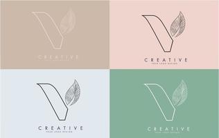 esboço do ícone do logotipo da letra v com design de conceito de folha com fio em fundos coloridos. vetor