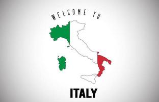itália, bem-vindo ao texto e à bandeira do país dentro do desenho do vetor do mapa da fronteira do país.