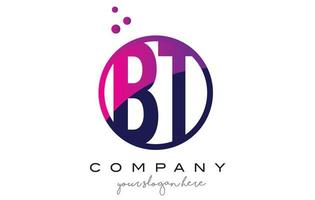 design de logotipo de letra de círculo bt bt com bolhas de pontos roxos vetor