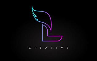 Projeto do ícone do logotipo da letra neon l com asa criativa nas cores azul púrpura magenta vetor