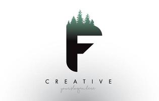 ideia criativa do logotipo da letra f com pinheiros. desenho da letra f com pinheiro no topo vetor