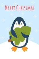 cartão de Natal com pinguim bonitinho. adorável pinguim com peixes. texto feliz natal. ilustração vetorial no estilo cartoon com fundo de neve. vetor