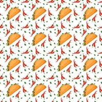 padrão sem emenda com comida taco tradicional mexicana e pimenta. impressão de fast-food para restaurante, café e design em fundo branco. ilustração plana do vetor