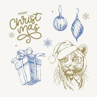 tigre com chapéu de Natal. imprimir em um cartão postal ou pôster. ilustração vetorial. cartão de férias. ano novo e natal. Papai Noel. vetor