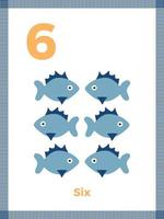 número flashcard seis para a aprendizagem pré-escolar. matemática inglesa para crianças. ilustração vetorial vetor