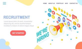 recrutamento. Megafone 3D isométrico, megafone, alto-falante com currículo cv, pasta, balão de fala. recursos humanos, hr. contratação de funcionários. entrevista de emprego. desenho vetorial para banner vetor