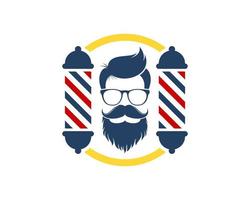 forma de círculo com símbolo de barbearia e cara de geek dentro vetor