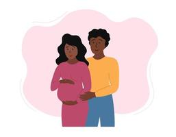 casal grávido. feliz casada mulher grávida afro-americana e abraçando o homem dela. casal expectante de mãe e pai. ilustração plana do vetor