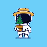 astronauta fofo carregando planta em um vaso vetor