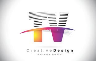 tv tv letter logo design com linhas criativas e swosh na cor roxa do pincel. vetor